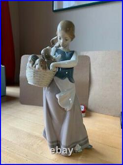Vintage Lladro Girl with puppies in basket on hip #1311 dogs