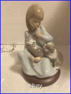 Vintage Lladro Sitting Girl Dog Cat Porcelain Figurine