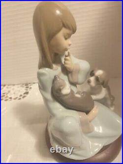 Vintage Lladro Sitting Girl Dog Cat Porcelain Figurine