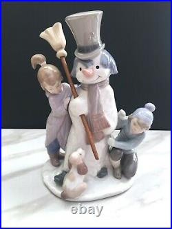 Vintage Lladro The Snowman Boy Girl Playing in Snow with Dog Large Figurine 5713