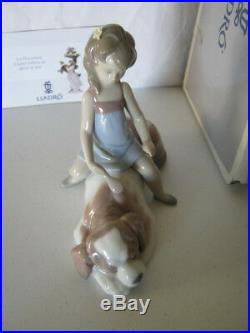 Vintage Lladro collectible Contented Companion -girl brushing dog