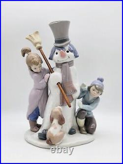 Vintage Retired Lladro 5713 Snowman Boy, Girl & Dog In Snow Porcelain Figurine