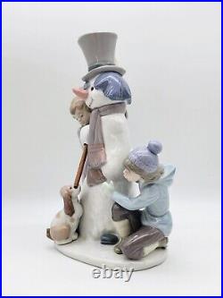 Vintage Retired Lladro 5713 Snowman Boy, Girl & Dog In Snow Porcelain Figurine