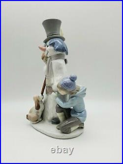 Vintage Retired Lladro 5713 Snowman Boy, Girl & Dog In Snow Porcelain Figurine