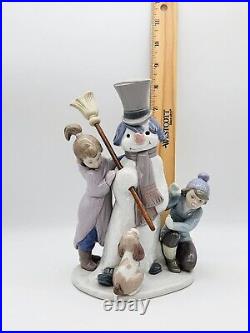 Vintage Retired Lladro 5713 Snowman Boy, Girl & Dog In Snow Porcelain Figurine