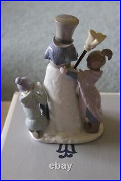 Vintage Retired Lladro 5713 Snowman Boy, Girl & Dog In Snow Porcelain Figurine